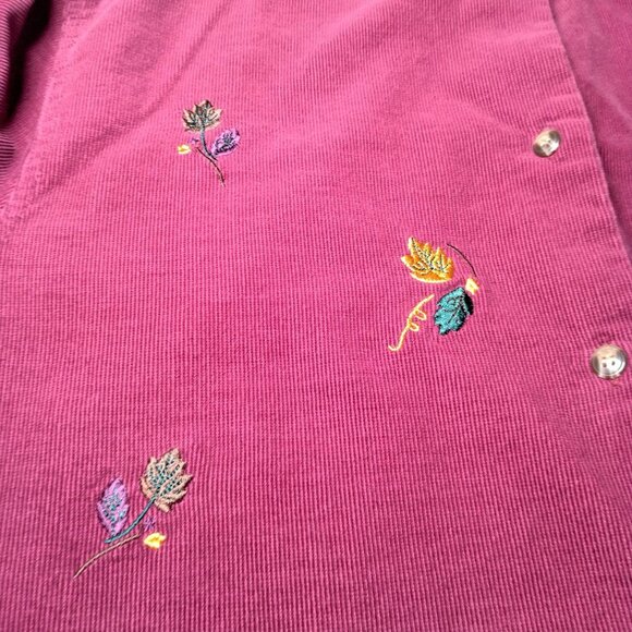 Bobbie Brooks Shirt XL Button Up Embroidered Leaf Leaves Maroon Corduroy Nature - Picture 6 of 10